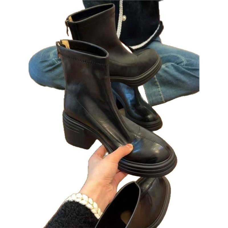 Cowhide Edition~ Platform Short Boots Women's 2025 Autumn and Winter New Versatile High Heel Chelsea Martin Boots Thick Heel Skinny Boots