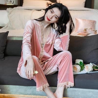 Gold Velvet Pajamas for Women Autumn and Winter Long-sleeved Trousers Cardigan Sexy Lace Suit Home Wear Can Be Worn