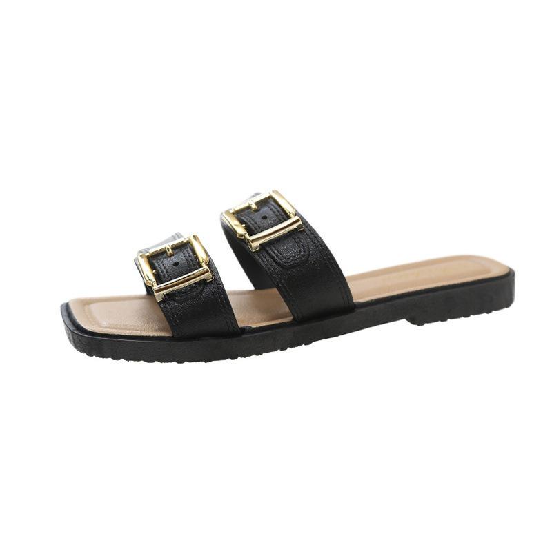 Slippers Women's Outer Wear Summer New Square Head One-word Drag Casual Flat Bottom Non-slip Beach Cool Slippers