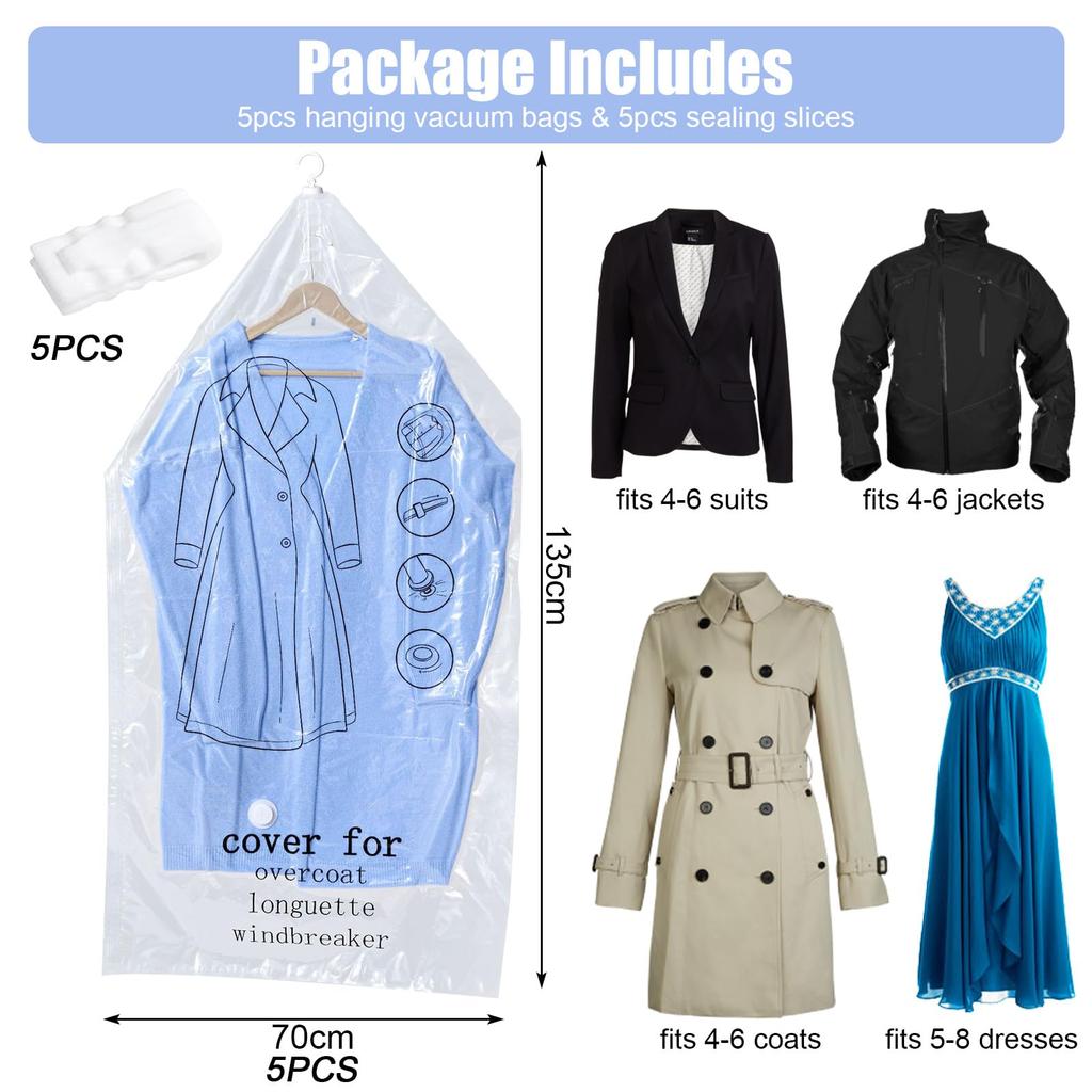 5 Pack Hanging Vacuum Storage Bags Space Saver Bags Hanging Storage Bags for Clothes for Suits Dress Jackets Closet Organizer