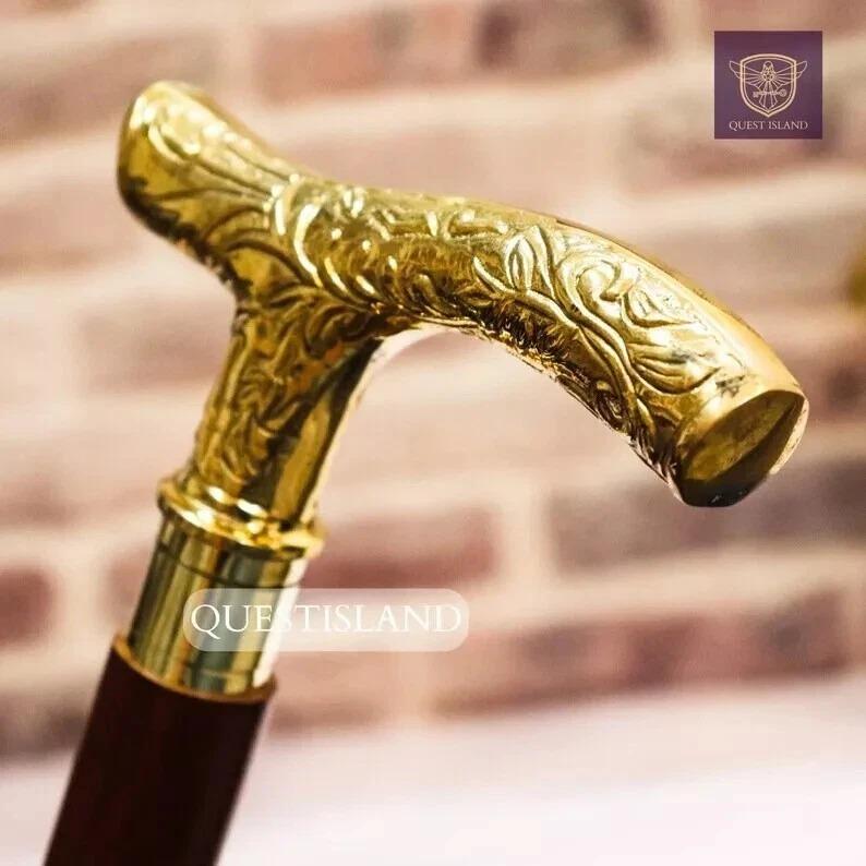 Walking Stick Handle Brass Wooden Victorian Foldable Cane Collectible Men's Gift
