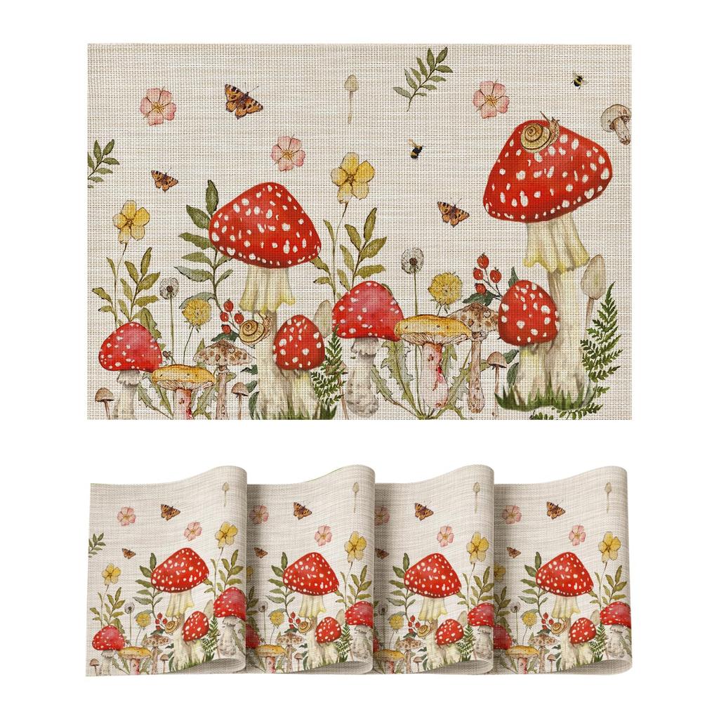 Beige Mushroom Moth Flowers Placemats Set of 4, 12x18 Inch Plastic Woven Wipeable Non-Slip PVC Place Mats for Party Kitchen Dining Decor