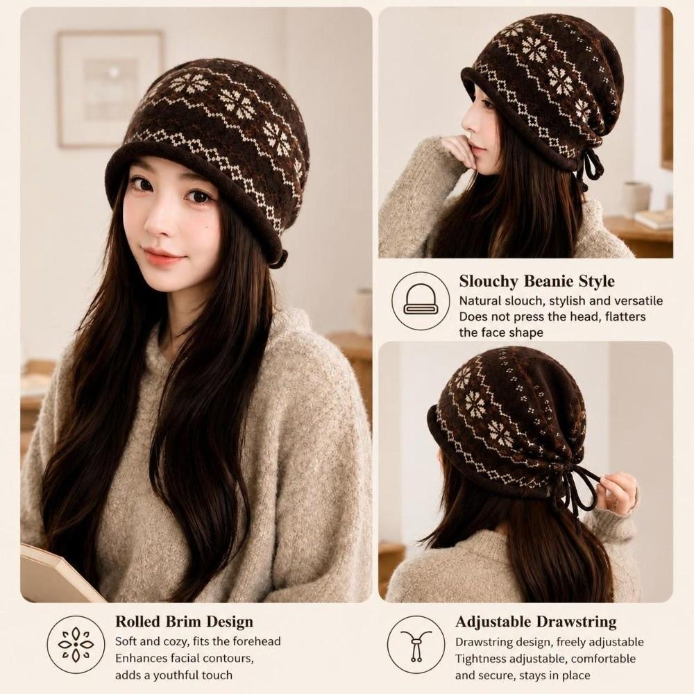 Drawstring Roll Brim Knit Beanie Fair Isle Pattern Beanie Retro Slouchy Hat Autumn Winter