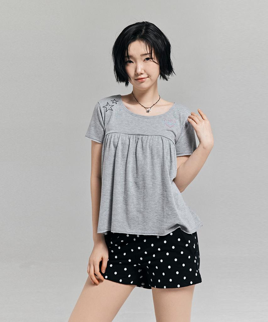 AWESOME STUDIO Kitsch Embroidered Shirred T-Shirt Melange Gray