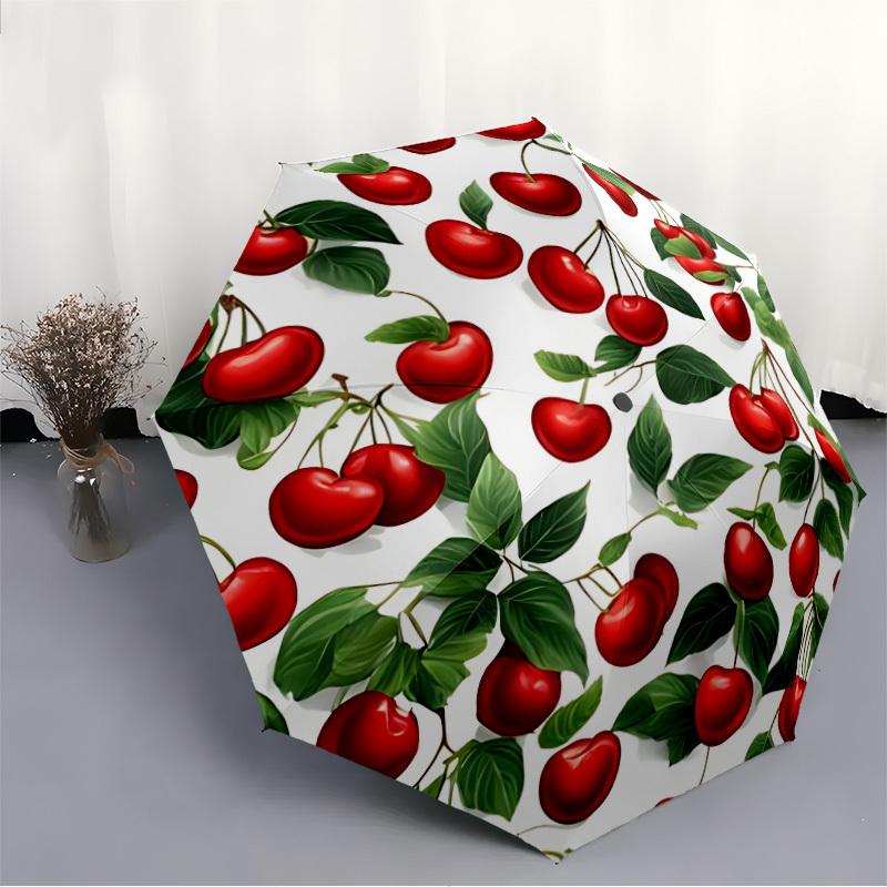 1pc Cherry Pattern Automatic Open/close, Heavy-Duty Iron Frame & 8-Rib structure, Compact Folding Umbrella for Women/Men, All-Season Travel, Halloween
