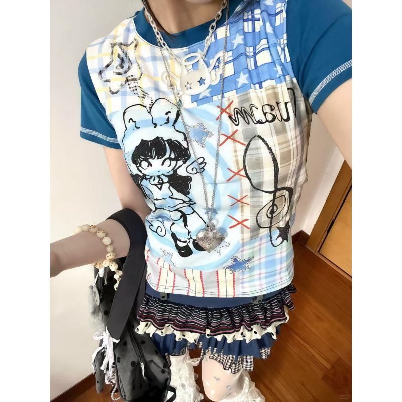 Shoulder short-sleeve cartoon print short-sleeve T-shirt for women, cute summer girl, youthful, slim-fit, base layer, dopamine M синий
