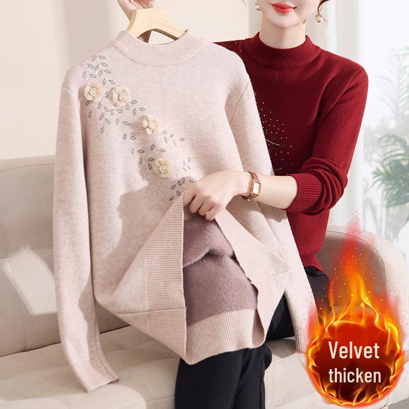 Women's Mid-Aged & Elderly Knitted Half-high Collar Fleece Sweater - Stylish, Thermal, Thickened Winter Wear.