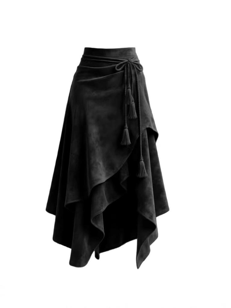 Women's 2025 Coffee Suede Half Skirt: Autumn Irregular Lace-up Slimming A-line Mid-length