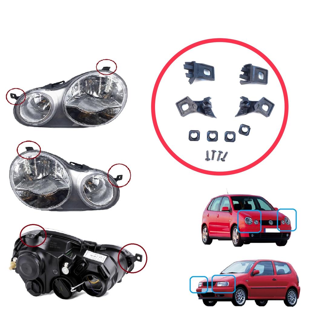 BHL508+BHL509 Headlight Holder Mount Repair Bracket Tab Set Left Right Side for VW Polo MK3 MK4 6N 9N 1994-2008 6Q0998225 6Q0998226