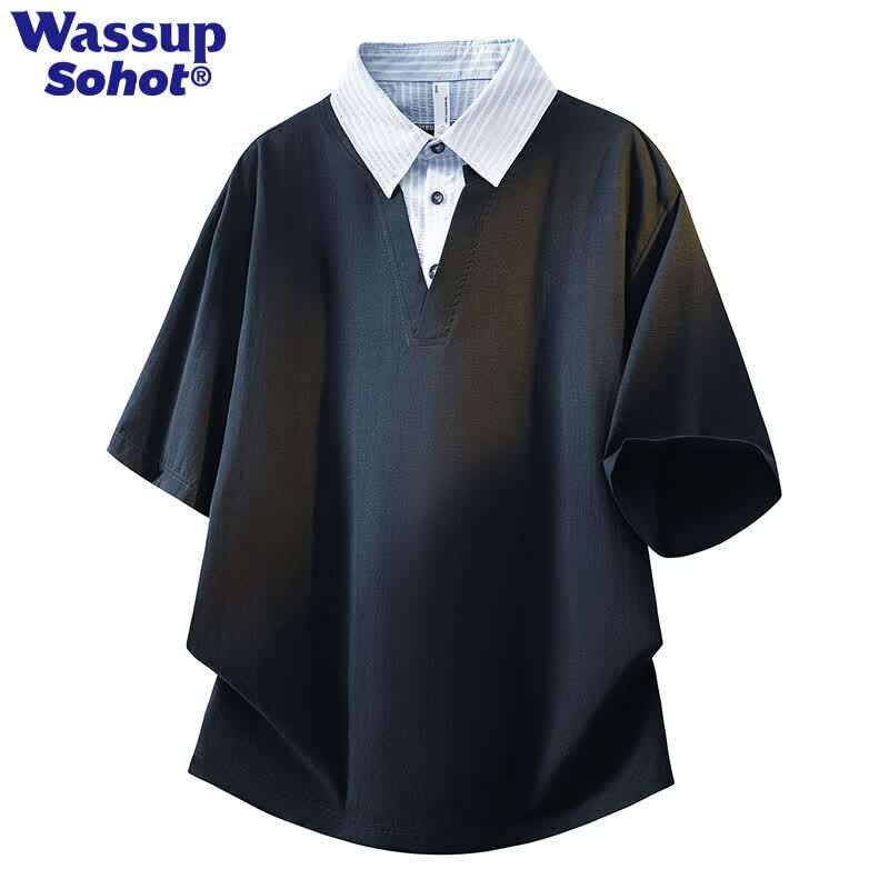 Wassup Sohot American Patchwork Faux Two-Piece Short Sleeve Polo T-Shirt