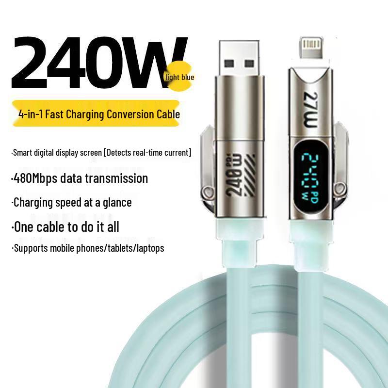 240W 4-in-1 Liquid Silicone Fast Charging Cable with Breathing Light & Smart Display