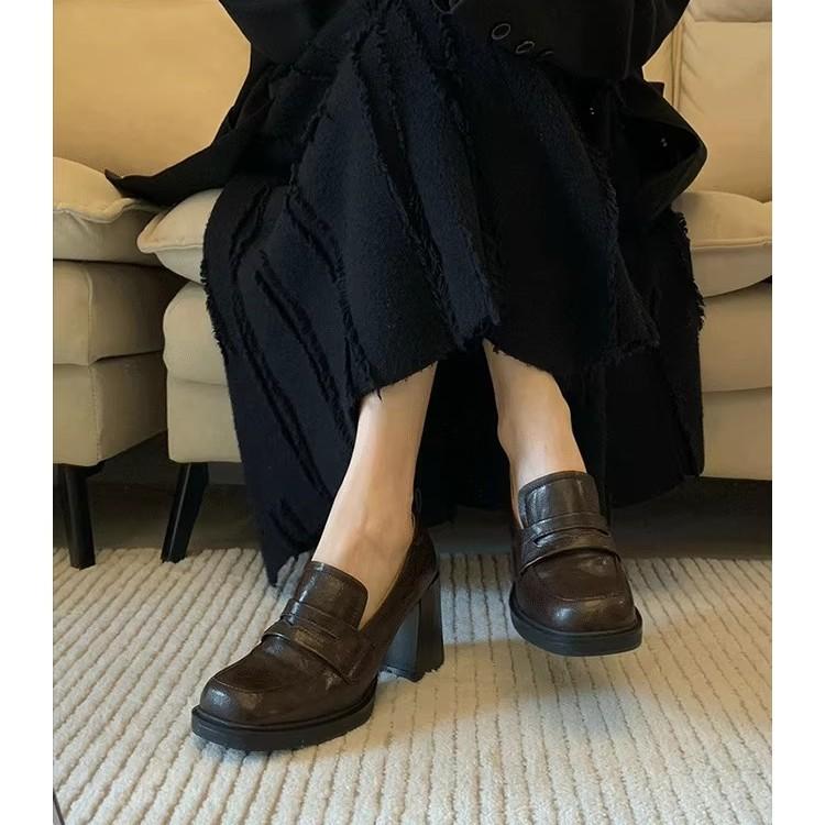 [Spot~~] Retro British style women's shoes high-heeled small leather shoes women's platform one-pedal loafers thick-heeled single shoes