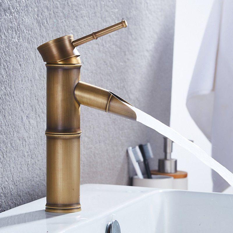 

Bathroom Faucet -Waterfall Mixer Tap, Brass Waterfall Bathroom Sink Faucet, Antique Brass Single Handle Bamboo Faucet Mixer Tap, 2 Joint Break Mouth B