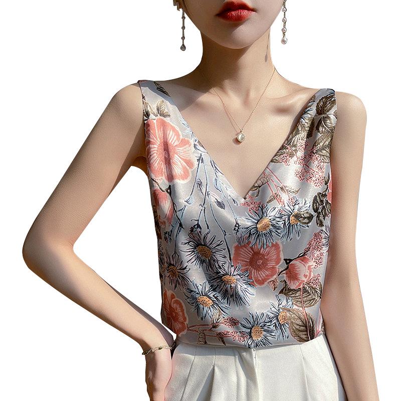 Women's 24-Year Printed Silk Camisole - Round Neck and V-Neck Satin Mulberry Silk Top for Summer Suit Layering
