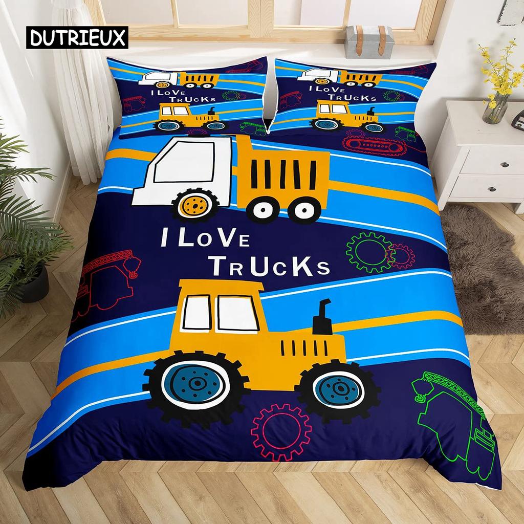 Kids Equipment Trucks Duvet Cover King Boys Cartoon Car Excavator Tractor Bedding Set Construction Highway Comforter Cover Set