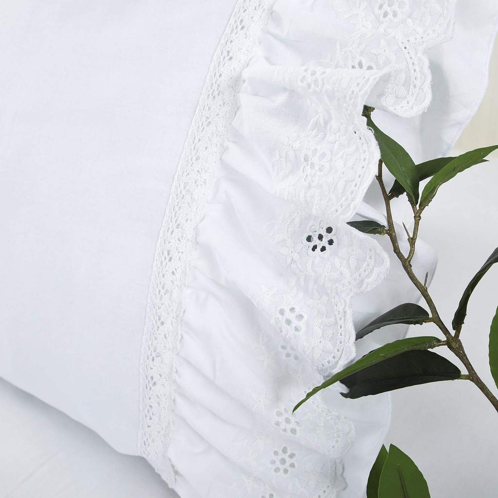 Eyelet Pillow Shams Lace Ruffled Standard White Shabby Chic Farmhouse Pillowcases Set of 2 Pretty Elegant Cotton Country French Cottage Embroidered