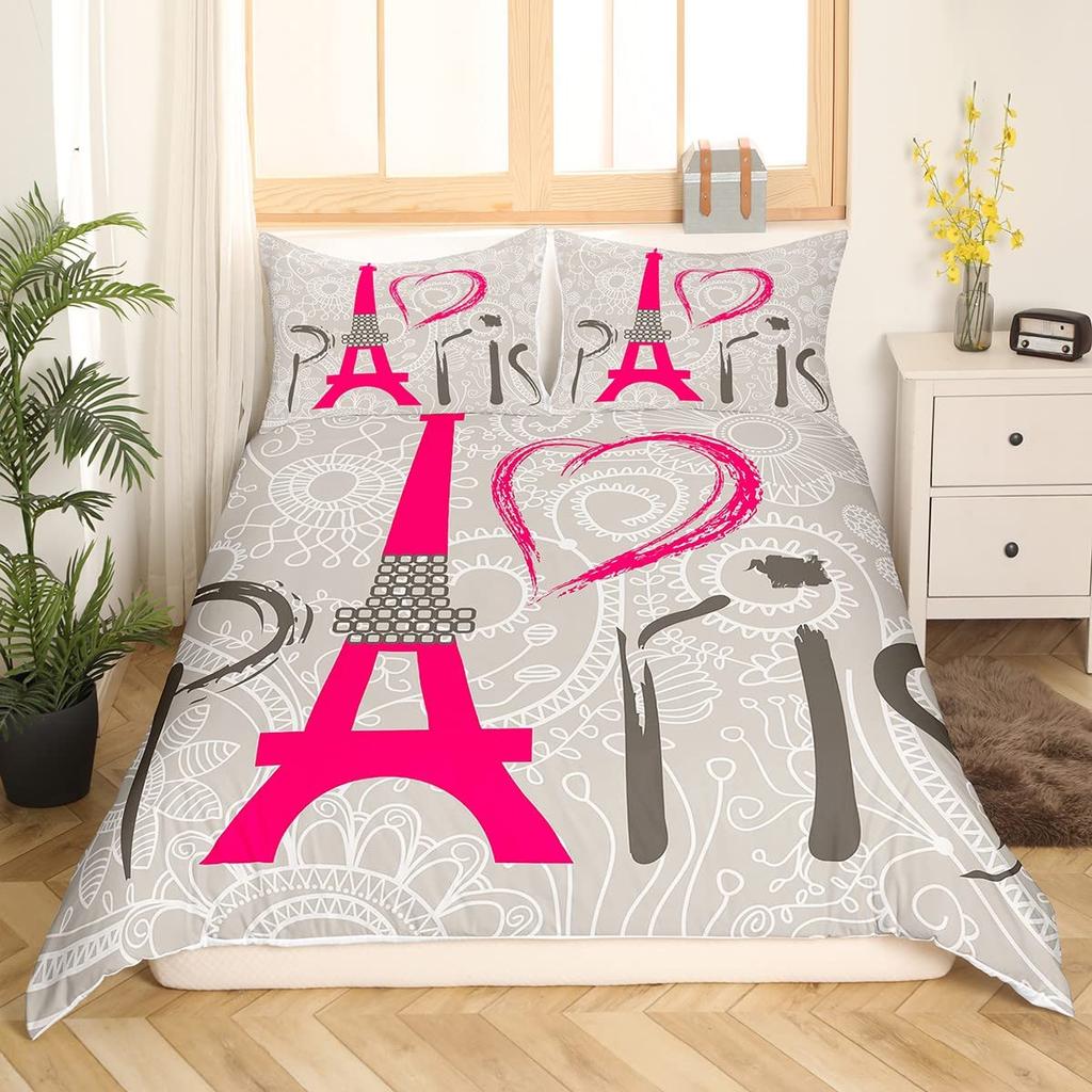 Eiffel Tower Duvet Cover Set King Size Paris Tower Bedding Set For Boy Girl Polyester Paris Cityscape Wooden Texture Quilt Cover