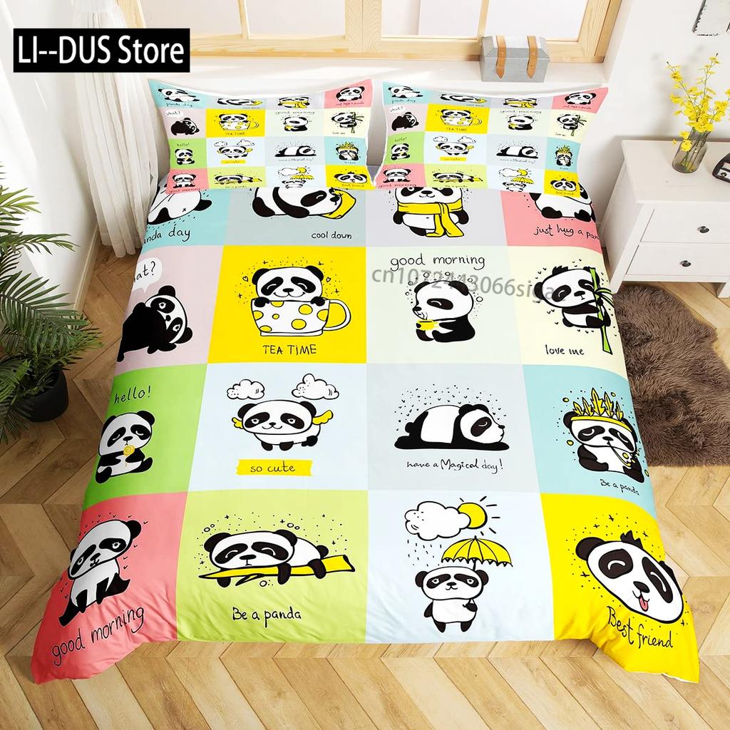 Panda Duvet Cover Set King Size Black And White Animal Comforter Cover With Pillowcases Starry Sky Blue Ultra Soft Quilt Cover