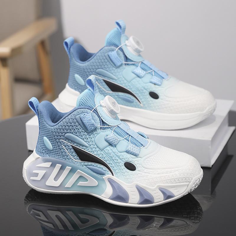 Children's Basketball Shoes Medium and Older Children's Boys Button Running Shoes Spring and Autumn Mesh Breathable Soft Sole Non-slip Sports Shoes