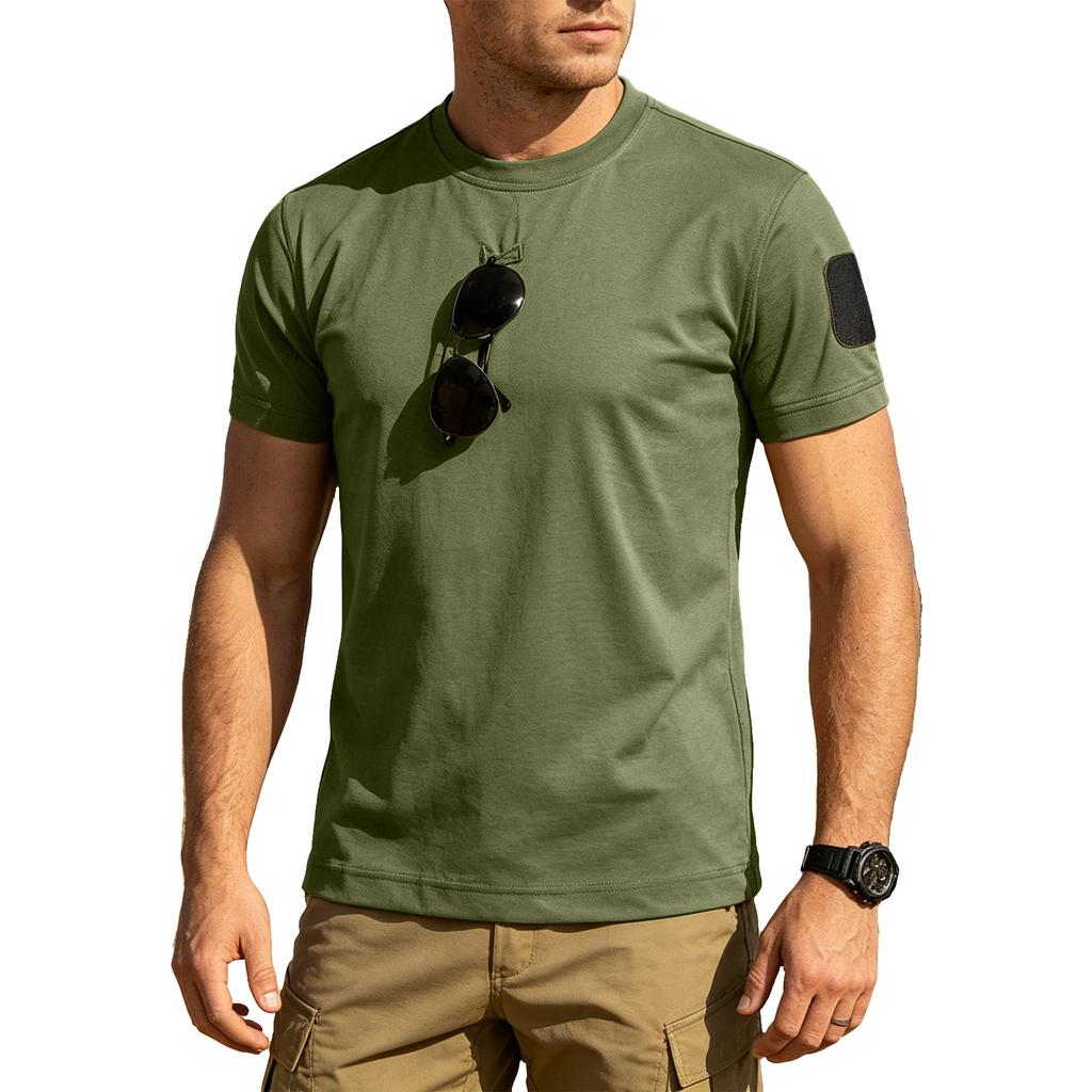 Men's Tactical Outdoor Quick-Dry T-Shirt Crew Neck Loose Fit Breathable Short Sleeve with Hook and Loop Patch Area for Customization