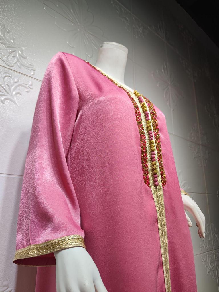 AB073 Women's Lace Abaya with Ribbon & Hot Drill Detail - Middle Eastern Fashion Robe