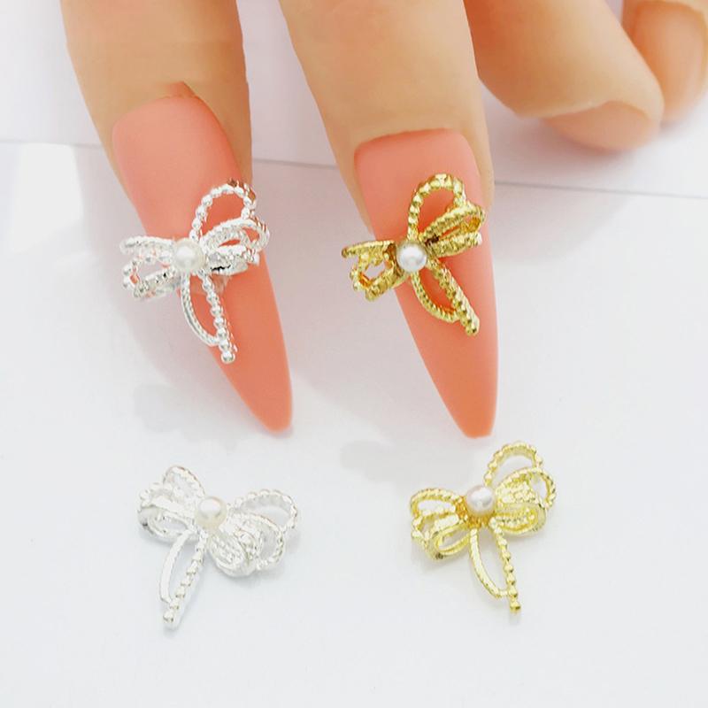 10Pcs Hollow Bowknot Nail Decoration  Metal Gold Silver Nail Charms 3D Alloy Bow Tie Jewelry Manicure Diy Art Accessor