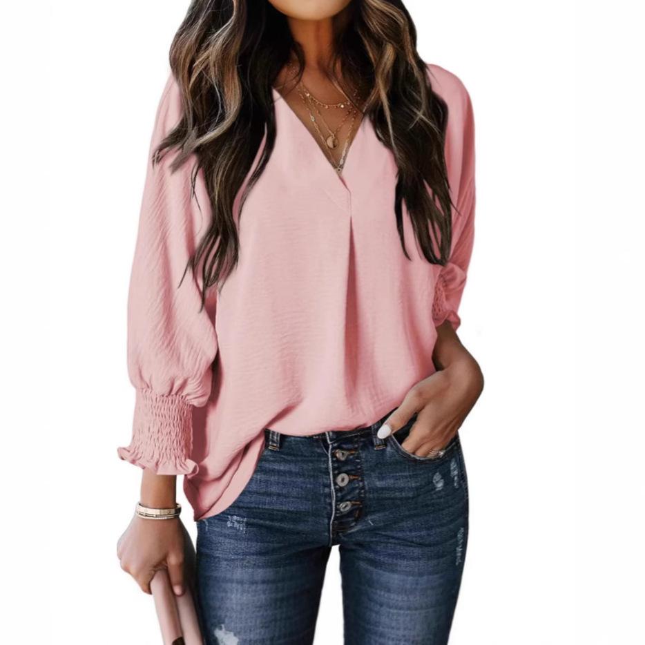 New Autumnal and Winter Women's V-neck Casual Long-sleeved Loose Shirt Top Blouse T-shirt