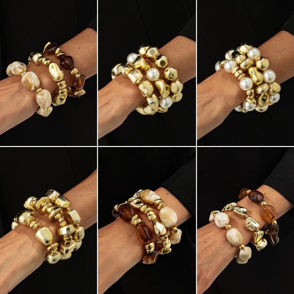 3 Pcs/Set Fashion Irregular Beaded Bracelets Resin Bohemian Style Hand Chain Bangle Jewelry Accessories