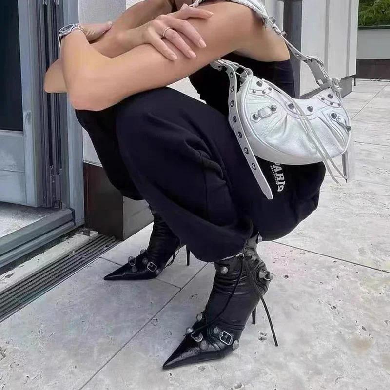 Soleist High Thin Heeled Ankle Boots for Women Metal Decor Rivet Fringed Zip Ppinted Toed Motorcycle Lady Booties Women Shoes
