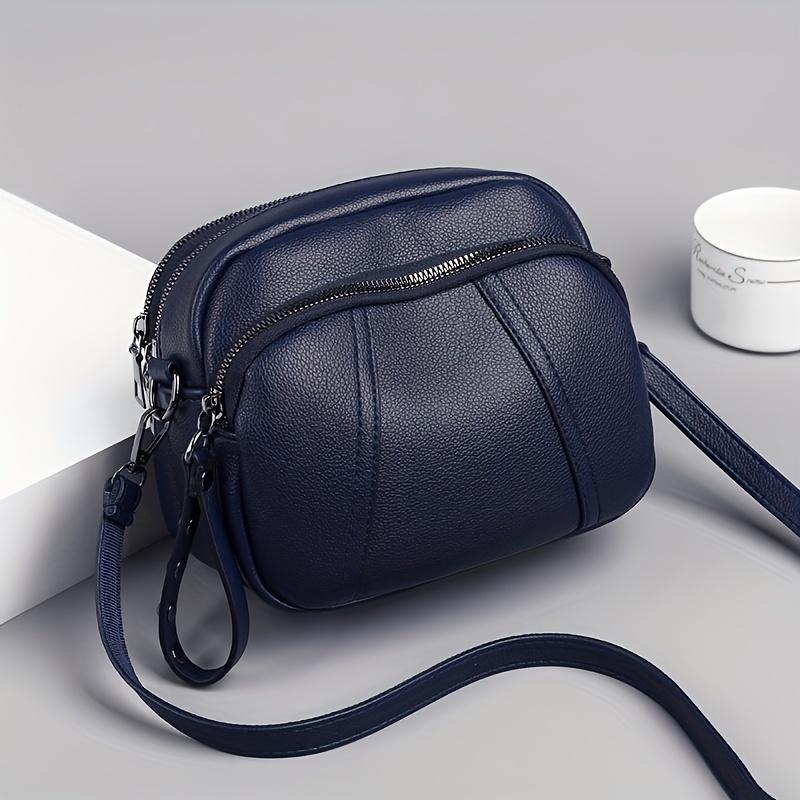 Casual Chic Black Soft Leather Crossbody Bags, Small Multi Zip Shoulder Purse, Mobile Phone Bag, Rivet Zipper, Small Square Bag