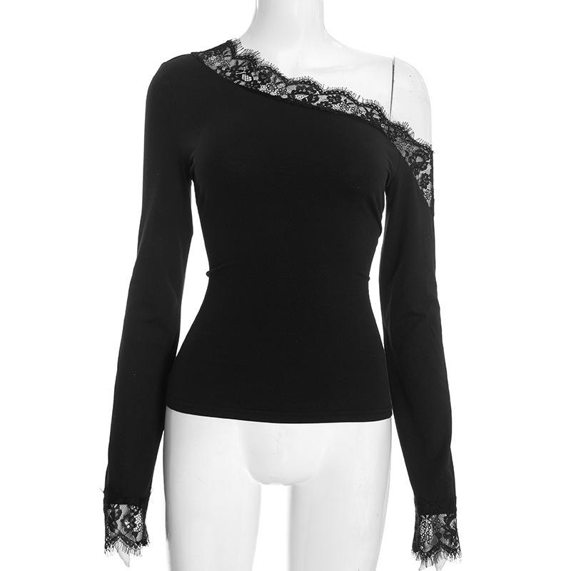 European Style One-Shoulder Lace Trim Slim Top - Autumn/Winter Women's Fashion