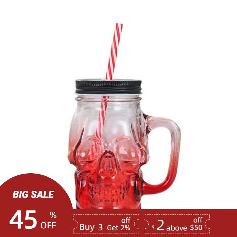 480ml Creative Skull Glass Mug with Lid Mason Jar Juice Milk Cocktail Cup Drinkware Tools for Bar Party giallo