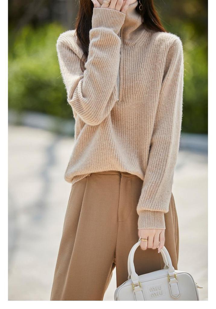 Women's Pure Wool Loose Fit Lapel Pullover Sweater - Versatile Semi-High Neck Knitwear for Autumn/Winter.