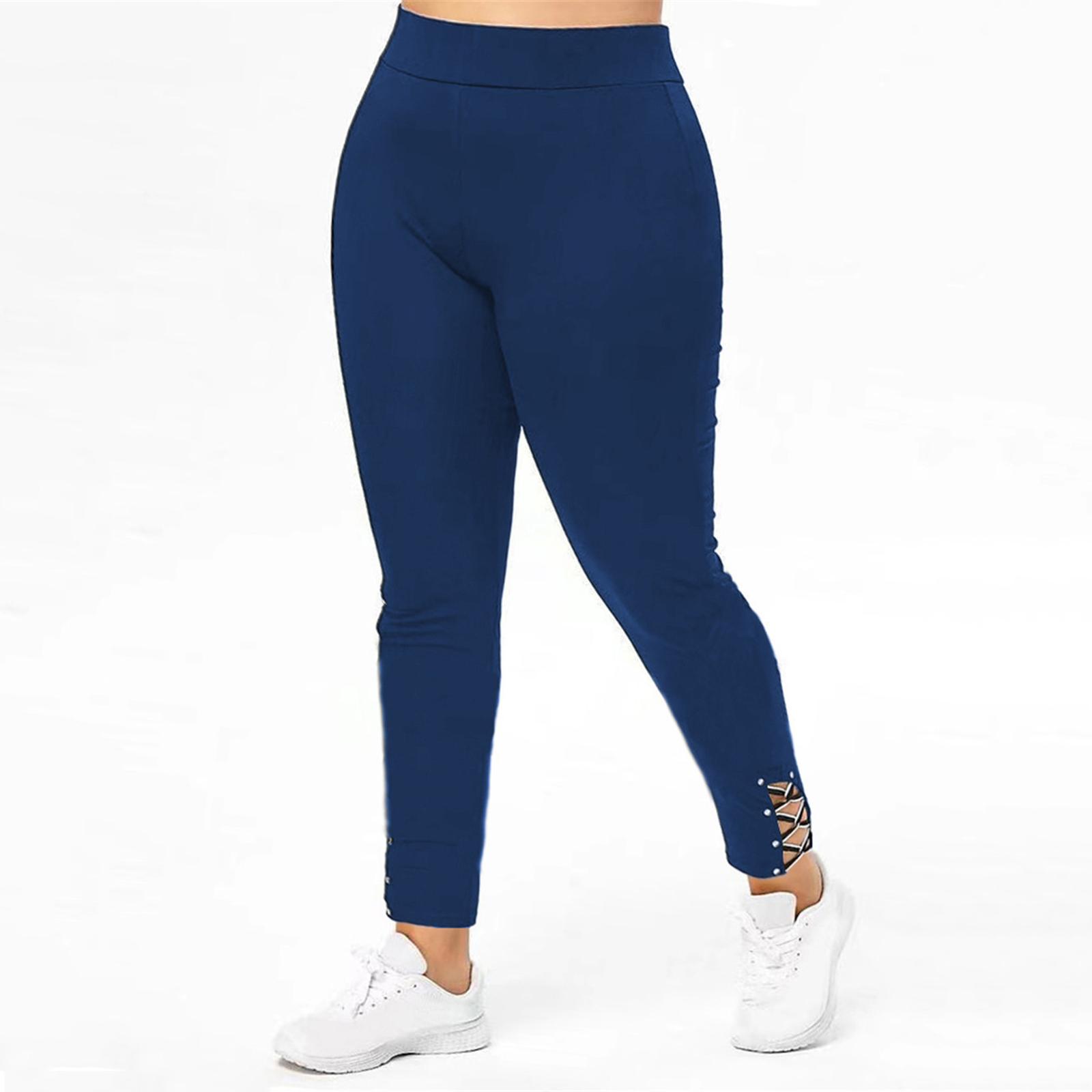 

High Waist Plus Size Leggings for Women with Lattice Cutout Ankle Stretchy Slim Fit Pants for Everyday Wear M синий