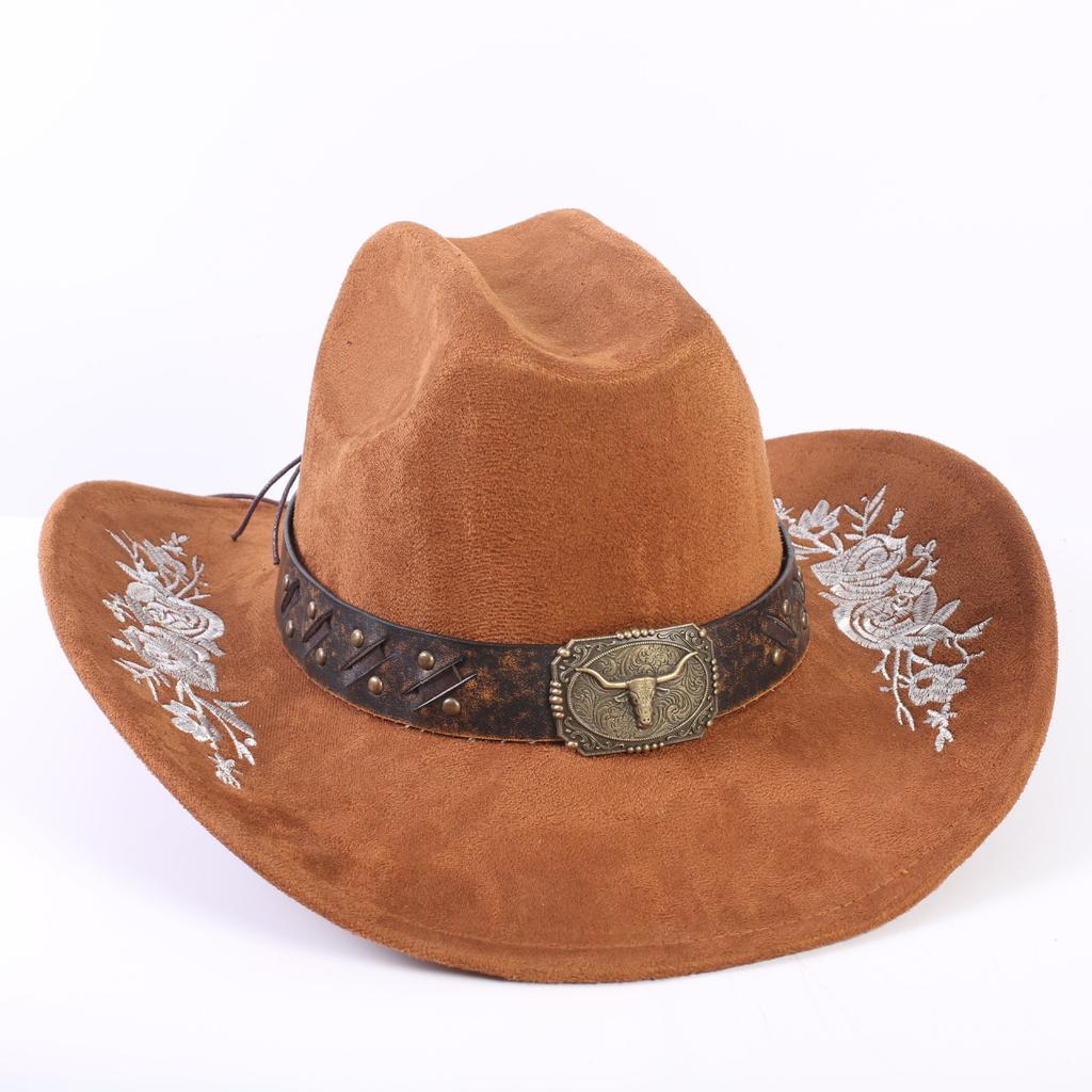 Popular European and American Classic Suede Western Cowboy Hat Men's and Women's Big Brim Embroidered Outdoor Sun Hat