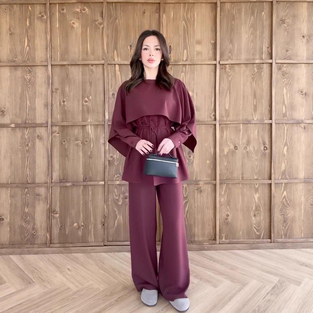

2025 Осень Европейский и Американский Женский Комплект Топ с Длинным Рукавом, Шаль и Брюки с Завязкой на Талии XS вино красного