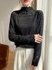 Cross 2025 Autumn/Winter Lace Color Block Knit Pullover with Half-High Collar and Long Sleeves