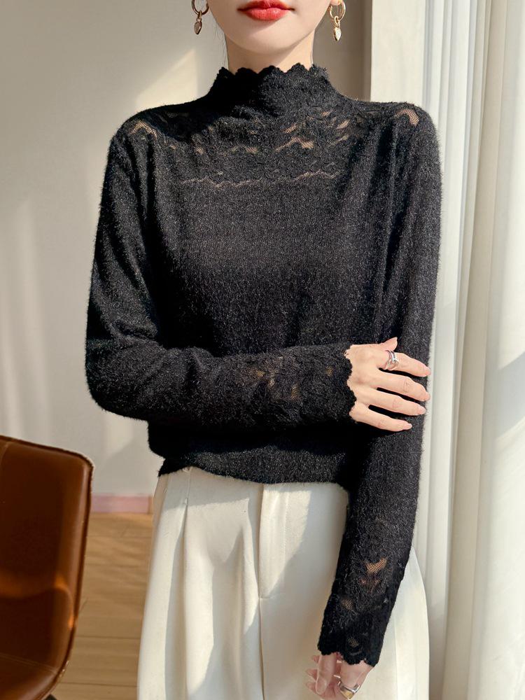 Cross 2025 Autumn/Winter Lace Color Block Knit Pullover with Half-High Collar and Long Sleeves