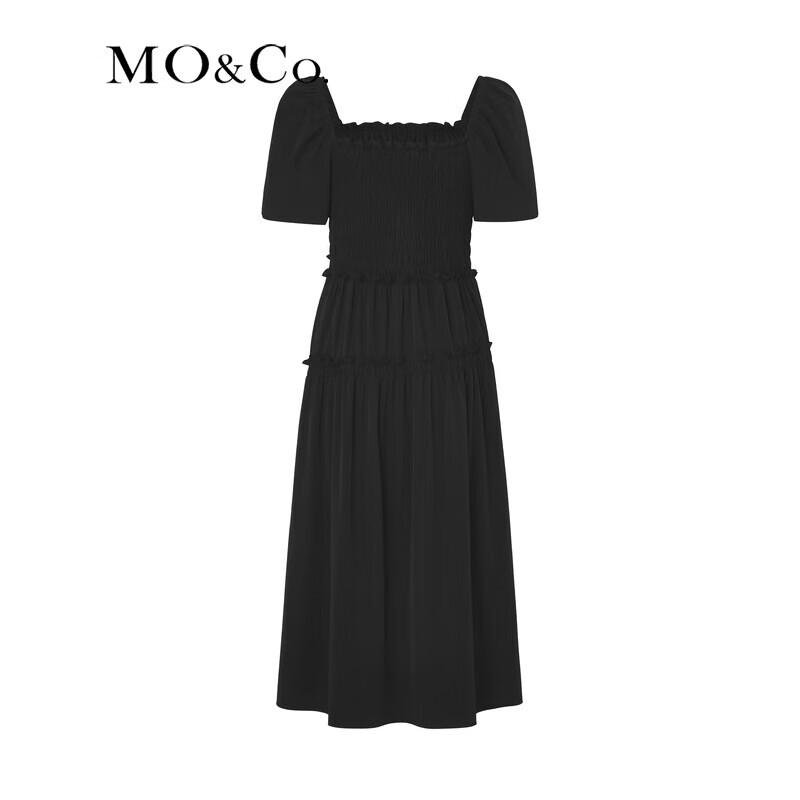 MO&Co. New Chinese Style Square Neck Puff Sleeve Gathered Midi Dress