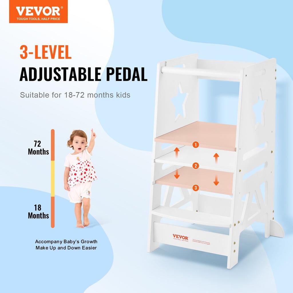 Tower Step Stool for Toddlers Kids 3-Level Height Adjustable 350LBS White