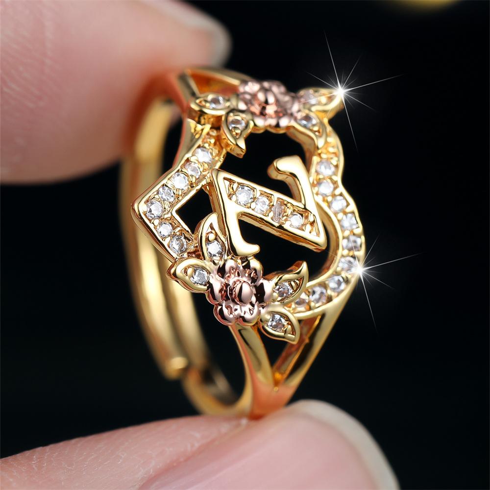 White Zircon Cute Heart Flower Fashion Letter Opening Rings For Women Vintage Gold Color Ring Wedding Jewelry Mother'S Day Gifts