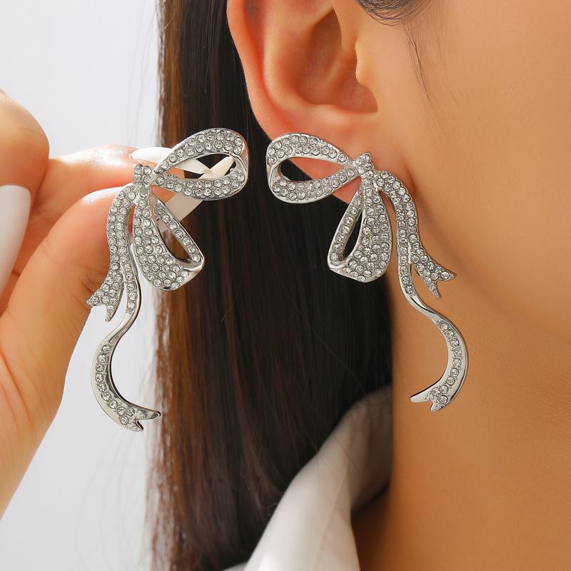 Exaggerated Large Bow Set Rhinestones Stud Earrings for Women Shiny Irregular Bow Personality Earrings Party Jewelry Accessories