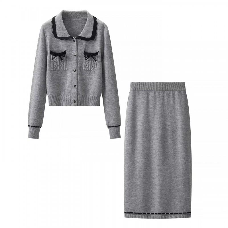 Womens Fall Winter French Chic Knit 2-Piece Set Lace Trim Bow Collar Long Sleeve Outfit