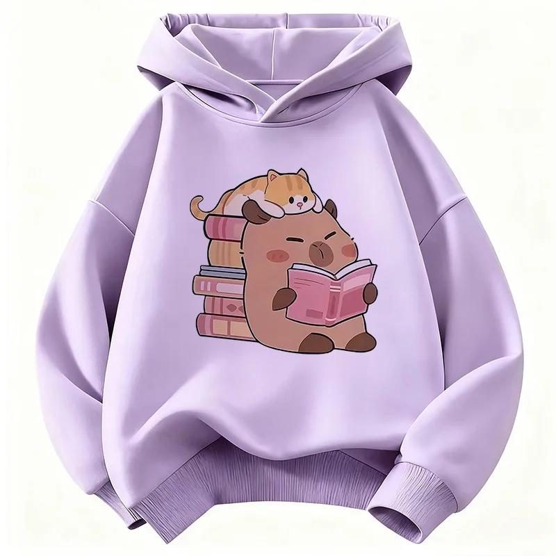 Best-selling Fall/winter Fun Guinea Pig Pattern Reading Book Hoodie. Trendy Teenage Cat Print Casual Hoodie.