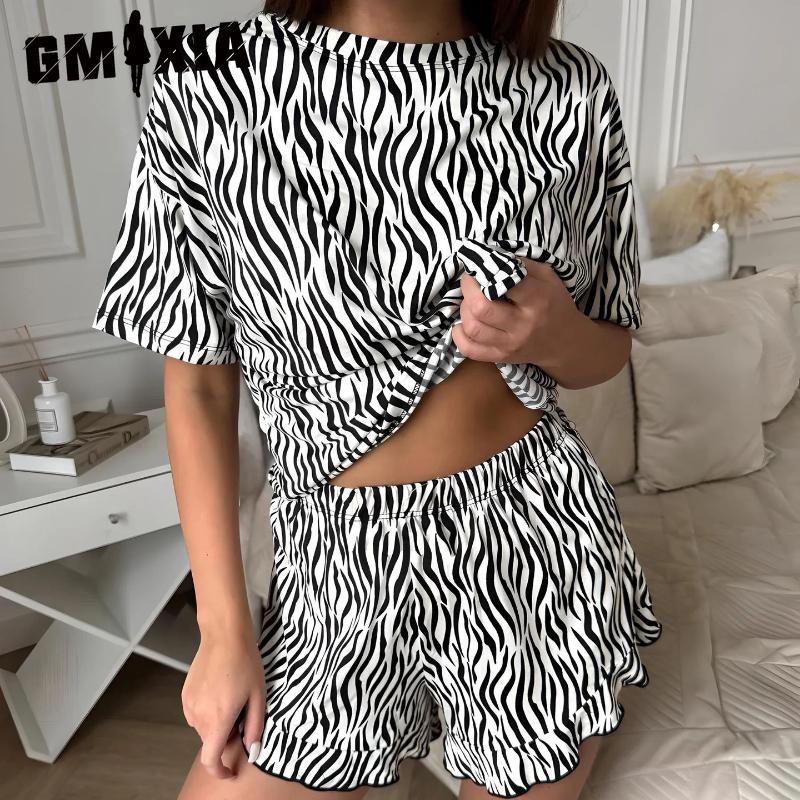 

GMXIA Женский пижамный комплект Модный Простой Зебра Полоски Свободный С коротким рукавом Шорты Домашняя одежда S чёрный