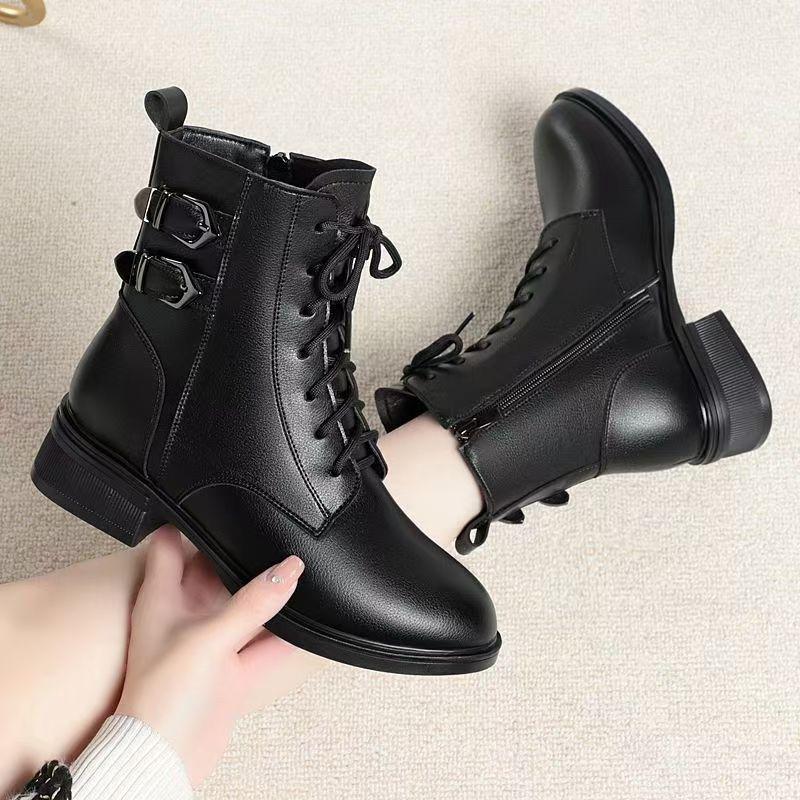 Women Winter Block Heel Real Leather Ankle Cotton Boots Thick Sole Non Slip Round Toe Waterproof Plush Warm Zippers Snow Boots