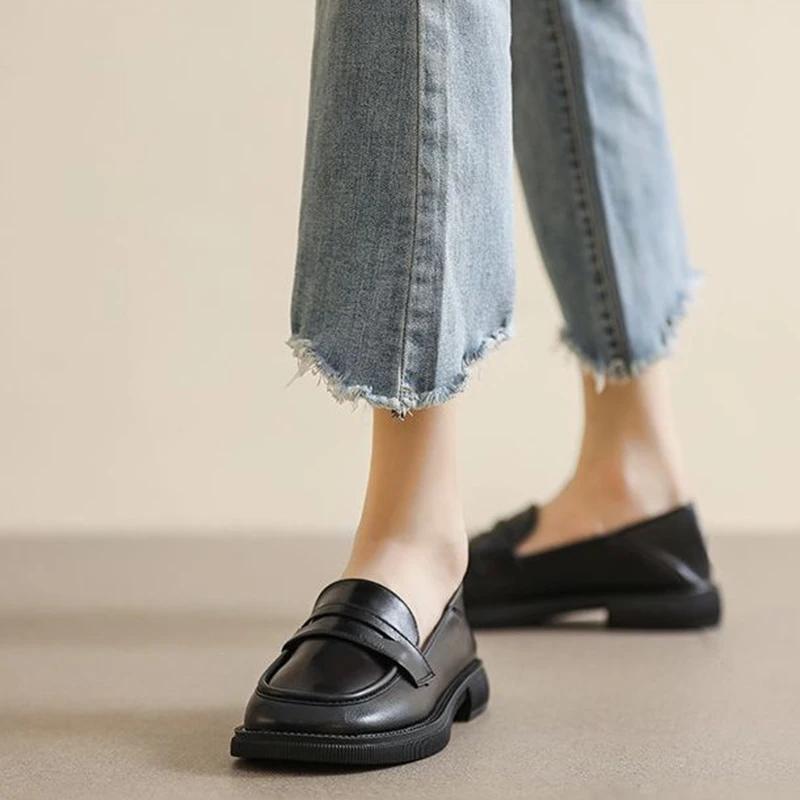 Black Leather Women's Loafers Platform Slip On Shoes for Women 2026 Spring British Casual Flats Shoe Woman Low Heels Mary Janes