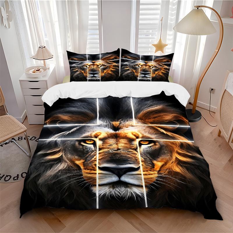 3pcs Lion Face Bedding Set - 1 Duvet Cover + 2 Pillowcases(Core Not Included), Machine Washable Polyester Yy251216130