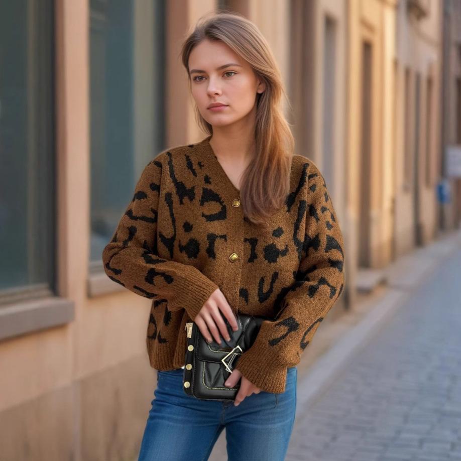 

Осень и зима новый короткий свитер с леопардовым принтом женский трансграничный V-образный вырез повседневный вязаный кардиган топ 3580 L коричневый