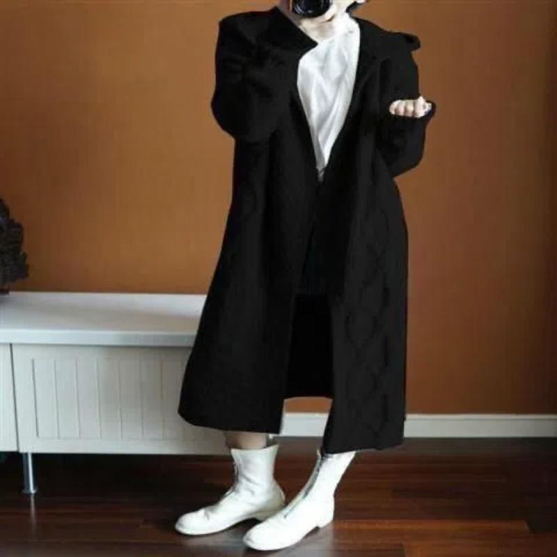 Autumn Winter New Women Sweater Hooded Knitted Coats Solid Color Jacquard Long Sleeve Midi Loose Fashion Aesthetic Cardigans